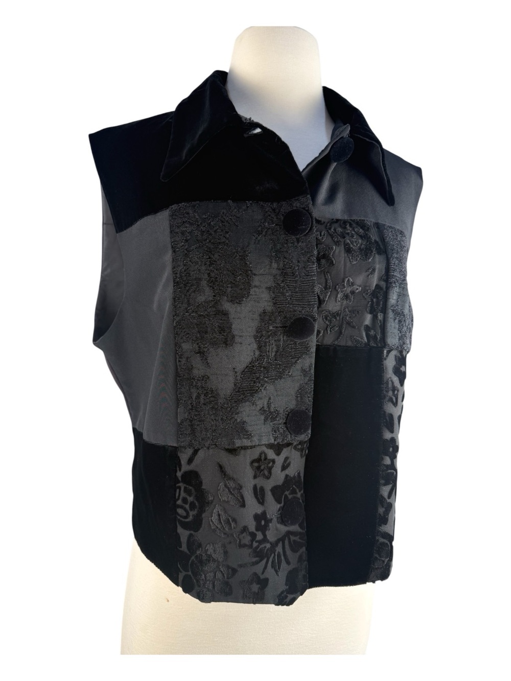 Stunning VTG Whimsygoth Black Patchwork Vest Mixed Fabrics Western Artsy L